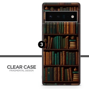 May include: A clear phone case featuring a detailed bookshelf design with rows of books in shades of brown and teal. The case has the words "CLEAR CASE FRAGMENTAL DESIGN" printed on it.