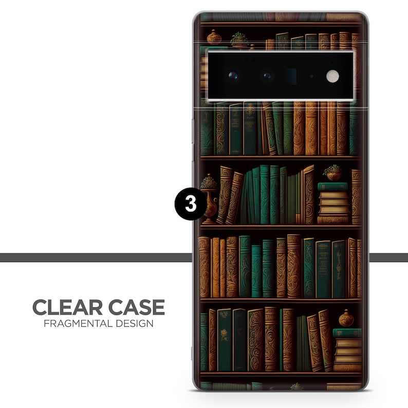 May include: A clear phone case featuring a detailed bookshelf design with rows of books in shades of brown and teal. The case has the words "CLEAR CASE FRAGMENTAL DESIGN" printed on it.