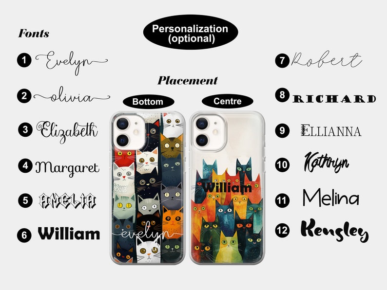 May include: Two clear phone cases with a colorful cat design. The case on the left has the name "evelyn" written on the bottom. The case on the right has the name "william" written in the center.