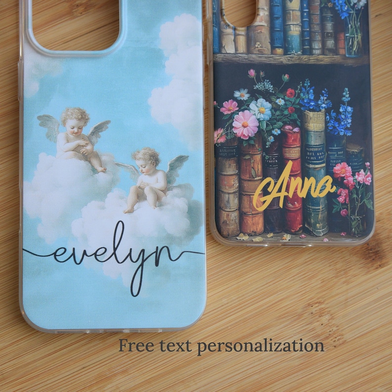 May include: Two phone cases with personalized designs. One features cherubs on clouds against a light blue background with the name "evelyn". The other has a bookshelf design with flowers and the name "Anna".