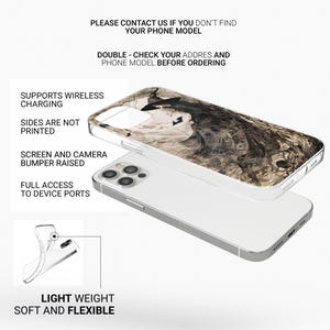 May include: A clear phone case with a black and white illustration of a witch with a hat and a raven. The case is designed to fit a smartphone with a raised camera bump. The case is shown on a white phone.