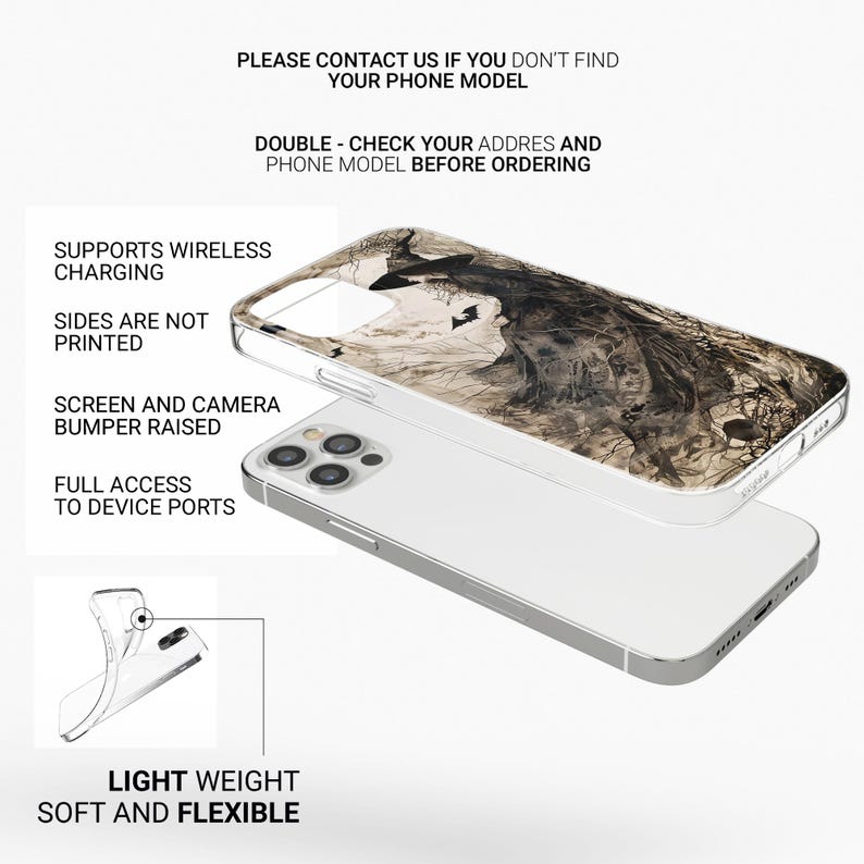 May include: A clear phone case with a black and white illustration of a witch with a hat and a raven. The case is designed to fit a smartphone with a raised camera bump. The case is shown on a white phone.