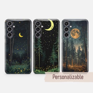 May include: Three phone cases with nature-themed designs. One features a crescent moon over a forest, another a starry night with a moon, and the third a full moon over a forest. The word "Personalizable" is written on a beige banner.