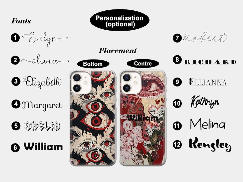 May include: Two clear phone cases with different designs. The case on the left has a black and red eye pattern. The case on the right has a collage of images including a skeleton, a heart, and a flower. The text "William" is visible on the case on the right.