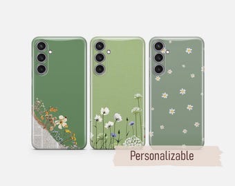Funda minimalista verde para teléfono con diseño de flores silvestres, compatible con Samsung S26, S25, S24, S23, S22 Plus Ultra, FE, S10, Galaxy Note 20, A16, A17, A57, A56, A16 y A25.