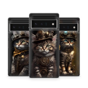Steampunk Phone Case, Cute Cat Cover fit for Google Pixel 10 Pro XL 9 8 7 6 Pro 6A 3XL 5 4, iPhone 17 16, Samsung A15 S24 Ultra, S23 FE
