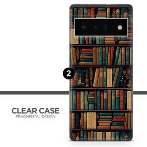 May include: A clear phone case with a bookshelf design. The case features a repeating pattern of books in shades of brown, green, and gold against a dark background. The text "CLEAR CASE FRAGMENTAL DESIGN" is printed on the case.