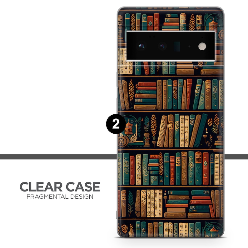 May include: A clear phone case with a bookshelf design. The case features a repeating pattern of books in shades of brown, green, and gold against a dark background. The text "CLEAR CASE FRAGMENTAL DESIGN" is printed on the case.