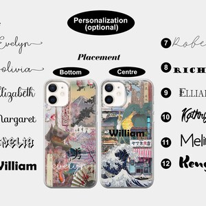 Op de afbeelding: Twee transparante telefoonhoesjes met een collage van Japanse ge&iuml;nspireerde afbeeldingen. Het hoesje aan de linkerkant heeft een berg, kersenbloesems en een waaier. Het hoesje aan de rechterkant heeft een golf, een gebouw en een bord met de tekst "ヤマネ肉店".
