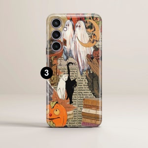 May include: A Halloween-themed phone case with a collage of vintage images, including ghosts, a jack-o'-lantern, cats, and old books. The case has a black camera housing with three lenses.