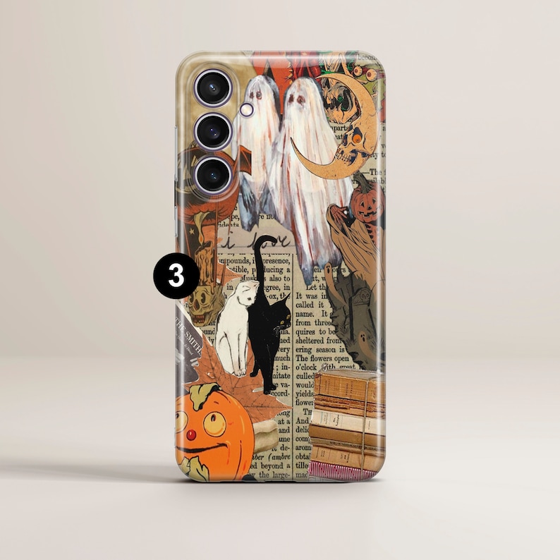 May include: A Halloween-themed phone case with a collage of vintage images, including ghosts, a jack-o'-lantern, cats, and old books. The case has a black camera housing with three lenses.
