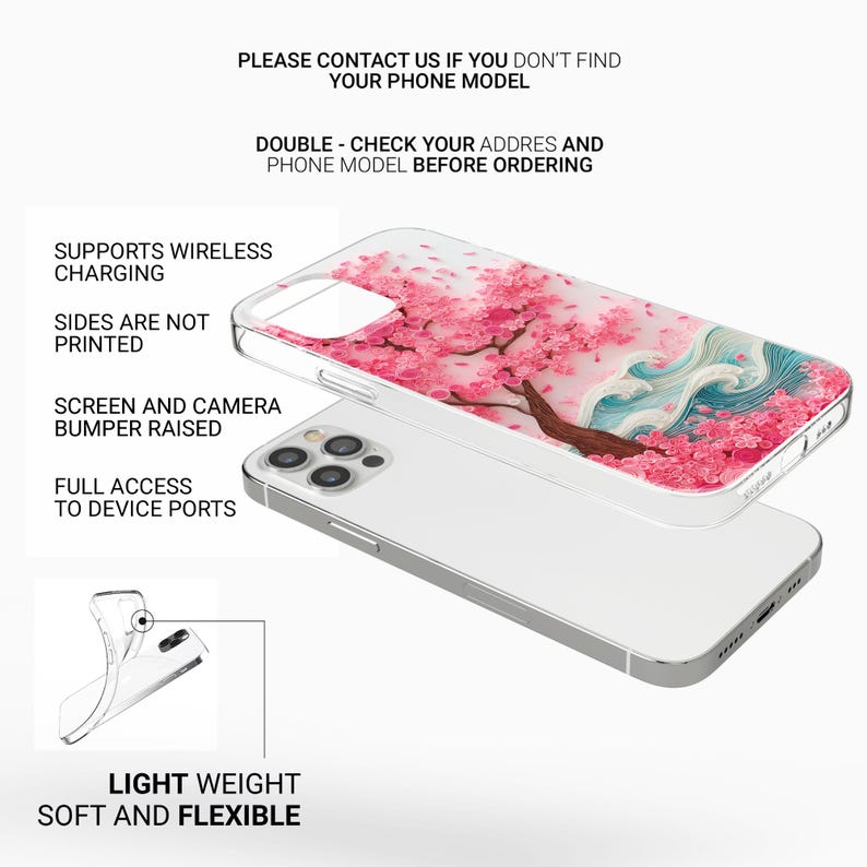 May include: A clear phone case with a pink cherry blossom design, featuring a tree and stylized waves. The case is shown on top of a silver phone. Text on the image includes "Supports Wireless Charging" and "Light Weight Soft and Flexible."