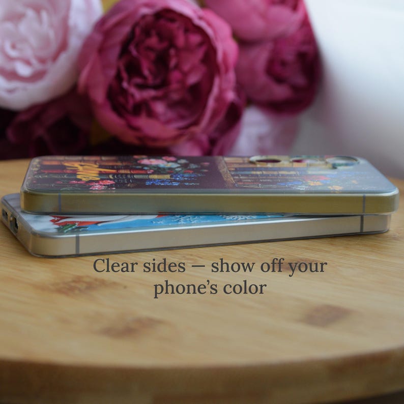 May include: Two phone cases stacked on top of each other. The top case has a floral design, while the bottom case has a blue and white design. The text "Clear sides - show off your phone's color" is visible.