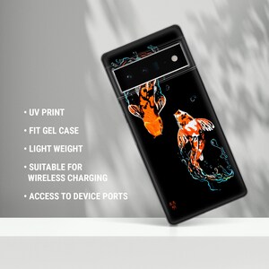 May include: A black phone case with a design of two orange and white koi fish swimming in a black background with blue water droplets. The case is made of a clear gel material and has a UV print.
