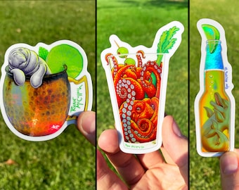 OCEAN ANIMAL COCKTAILS Sticker Pack of 3 Holo, Waterproof Stickers: Manatee in Moscow Mule Mug, Octopus Bloody Mary, Dolphin Beer, Boozimals