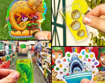 FOOD ANIMAL Sticker Pack of 4 Clear & Holographic Stickers: Soda Bottle Alligator, Jaws Shark In Lucky Charms Cereal, Chameleon, Pufferfish