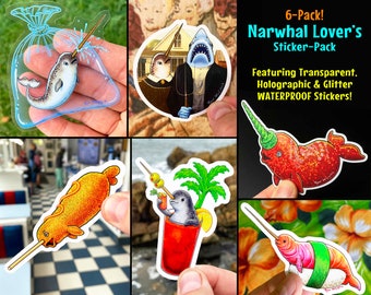 NARWHAL LOVERS Sticker Pack: 6 Vinyl, Holographic, Glitter & Transparent Stickers, cute narwhals WATERPROOF, Unicorn Of The Sea, car sticker