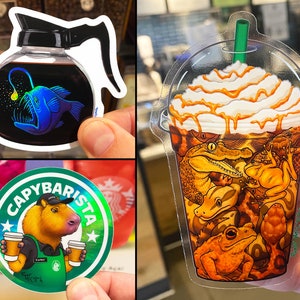 COFFEE ANIMALS Sticker Pack of 3 Clear & Holographic Stickers: Anglerfish Coffee Pot, Capybara Barista, Starbucks Frappuccino, snake reptile