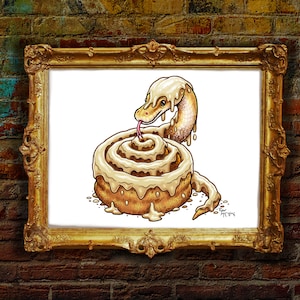 Signed Art Print: "Cinnamon Roll Snake" Surreal Python Painting by Ryan McCulloch, Cute Snake Art, humorous unique home decor, cinnamon bun