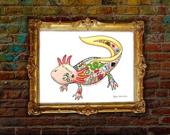 May include: A colorful illustration of an axolotl with a variety of tattoos, including a skull, a heart, a snake, and the words "No Regrets". The axolotl is pink with a yellow tail and is surrounded by a white background.