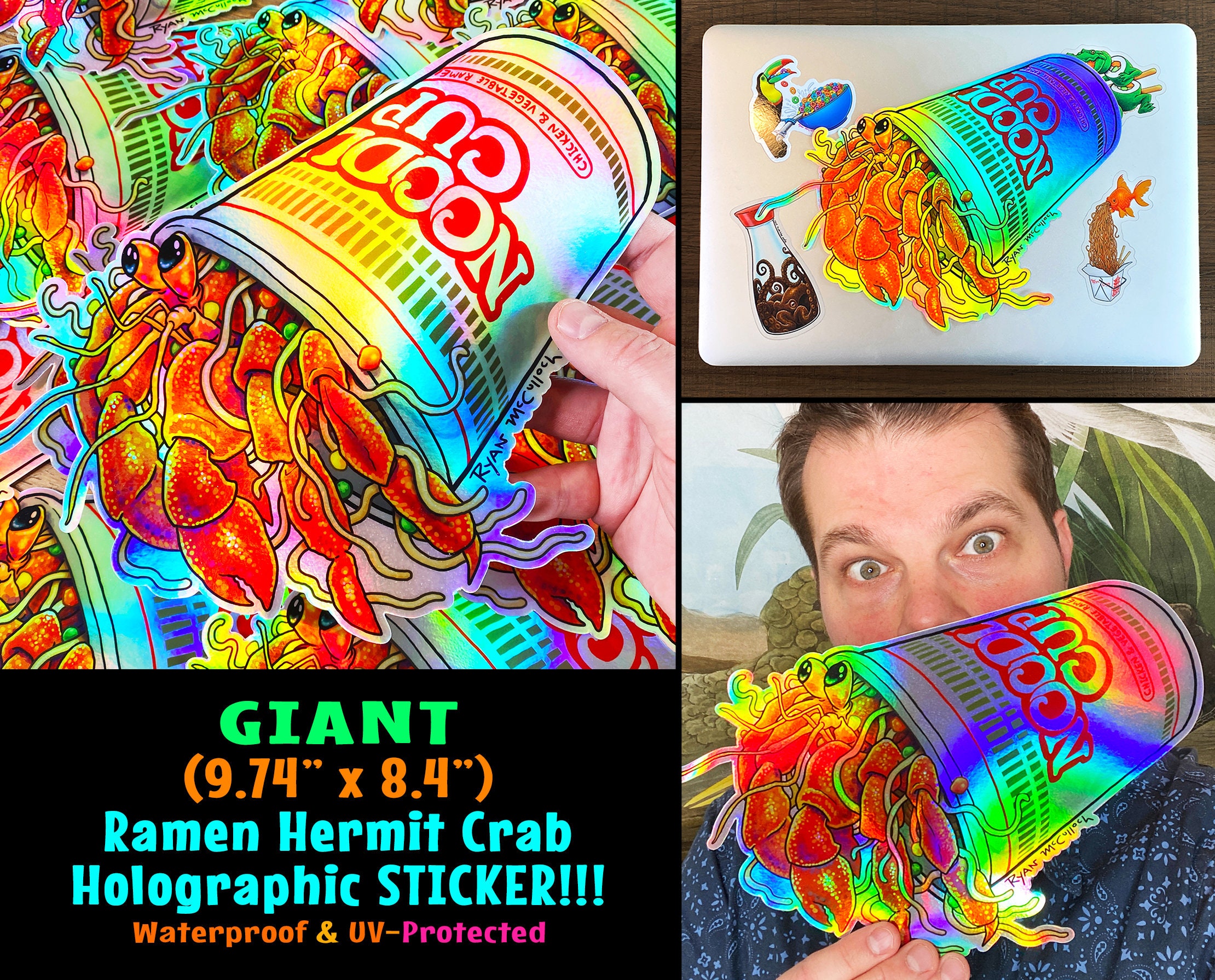 REUZE Ramen heremietkreeft holografische sticker! GEEN VERZENDKOSTEN!  Waterbestendig! Krab in kopje noedels, autosticker, extra groot, grappige  top ramen - Etsy België, image size:2220x1791