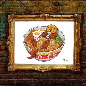 Signed Print: "Ramen Sea Otter" Surreal Painting, Top Ramen, Cup of Noodles, broth, ocean humor, aquatic animals, marine mammals, Modern Art