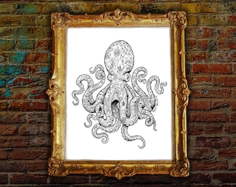 Signed Art Print: "Inktopus" Octopus With Tattoos, Etching Style Line Art, Modern Nautical Wall Decor, Cross Hatching, Humorous Animal Art