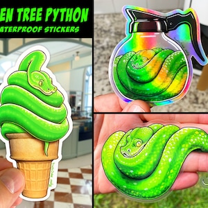 Pack d'autocollants PYTHON GREEN TREE ! Stickers serpents mignons : autocollants transparents, holographiques, vinyle ! Décalcomanies imperméables lavables au lave-vaisselle ! Crème glacée, Herpétologue