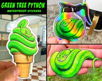 GRÜNE BAUM PYTHON Sticker! Niedliche Schlange Aufkleber: Clear, Holo, Vinyl Sticker! Spülmaschinenfeste, wasserfeste Abziehbilder! Speiseeis, Herpetologe