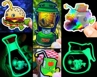 Anglerfish Sticker Pack: 6 Glow-In-The-Dark, Holo, Glitter & 3-D Decals! Black Seadevil! I think for my Last Day Ill Go See The Sun! Devil