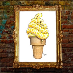 May include: A yellow and white snake curled up in a cone-shaped ice cream cone. The snake has a spotted pattern. The ice cream cone is on a white background.