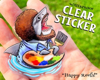 PAINTER SHARK Sticker: Transparent Waterproof Sticker! Afro & beard! shark eye, shark teeth, jaws Parody, humor, Unique Gift for Art Teacher