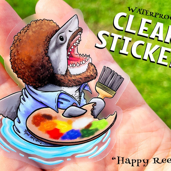 PAINTER SHARK Sticker: Transparent Waterproof Sticker! Afro & beard! shark eye, shark teeth, jaws Parody, humor, Unique Gift for Art Teacher