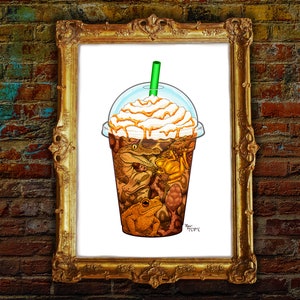 Pode incluir: Uma ilustração digital de uma bebida de café gelado alta com chantilly e um fio de caramelo. A bebida está cheia de vários tipos de sapos e lagartos. O texto "Raw McCoy" está escrito no canto inferior direito.
