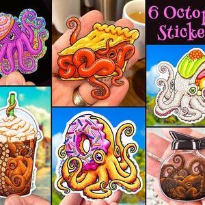 FLER BLÄCKFISK-KLISTERMÄRKER! 6 vattentäta klistermärken med roliga bläckfiskar som mat och kaffe! Glittriga, transparenta och 3D-klistermärken! Munk-, bläckfisk- och pajkonst bild 1