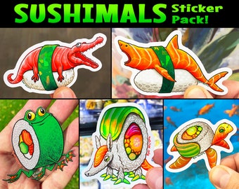 Sushi Animal Sticker Pack of 5 Transparent & Holo Sushi Stickers, Nigiri Shark, Alligator Sashimi, Maki Frog, Armadillo, Sea Turtle, Mashup