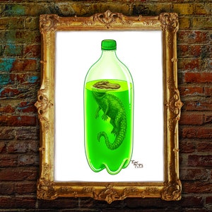 Signed Art Print: "Danger Dew" Alligator in a Mountain Dew Soda Bottle Surreal Painting, Crocodile, Green, Lemon Lime, AKA "2 Liter Lurker"