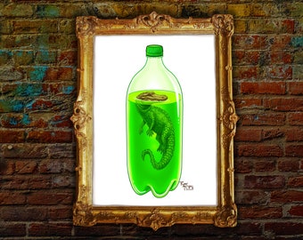 Signed Art Print: "Danger Dew" Alligator in a Mountain Dew Soda Bottle Surreal Painting, Crocodile, Green, Lemon Lime, AKA "2 Liter Lurker"