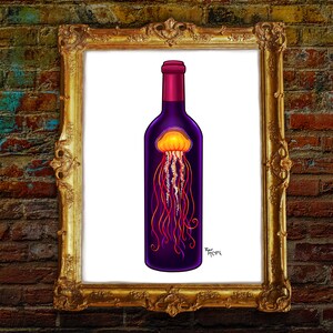 May include: A purple glass wine bottle with a jellyfish inside. The jellyfish is orange and white with long tentacles. The bottle is in a gold frame.