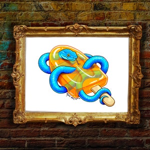 Impression d&#39;art signée : « Popssssicle » Peinture surréaliste d&#39;un serpent vipère popsicle ! Vipère bleue, popsicle orange, peinture de serpent, art mural moderne amusant