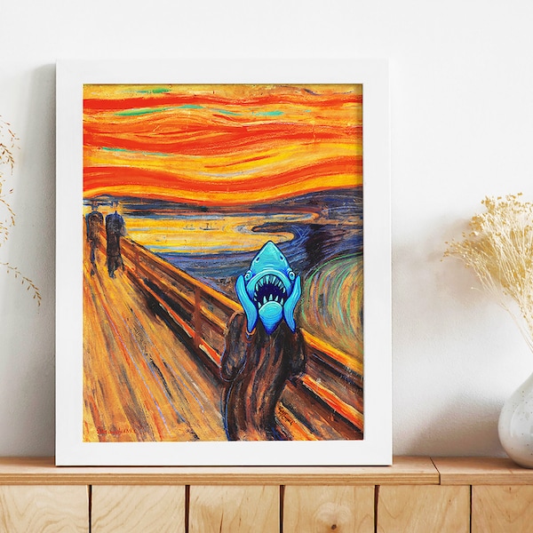 Art Print: "Shark Scream" Edvard Munch Shark Parody Surreal Painting, Humorous Art History Parody, Modern Beach House Decor, Jaws Poster Art