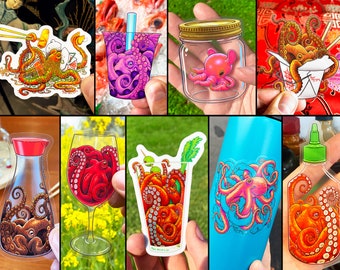 OCTOPUS LOVERS Sticker Pack: 9 Holographic & Transparent Stickers, Humorous Octopi as food, wine, soy sauce, sriracha, boba, bloody mary art