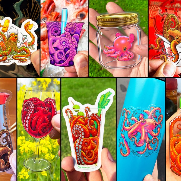 OCTOPUS LOVERS klistermärkespaket: 9 holografiska och transparenta klistermärken, humoristiska bläckfiskar som mat, vin, sojasås, sriracha, boba, bloody mary-konst