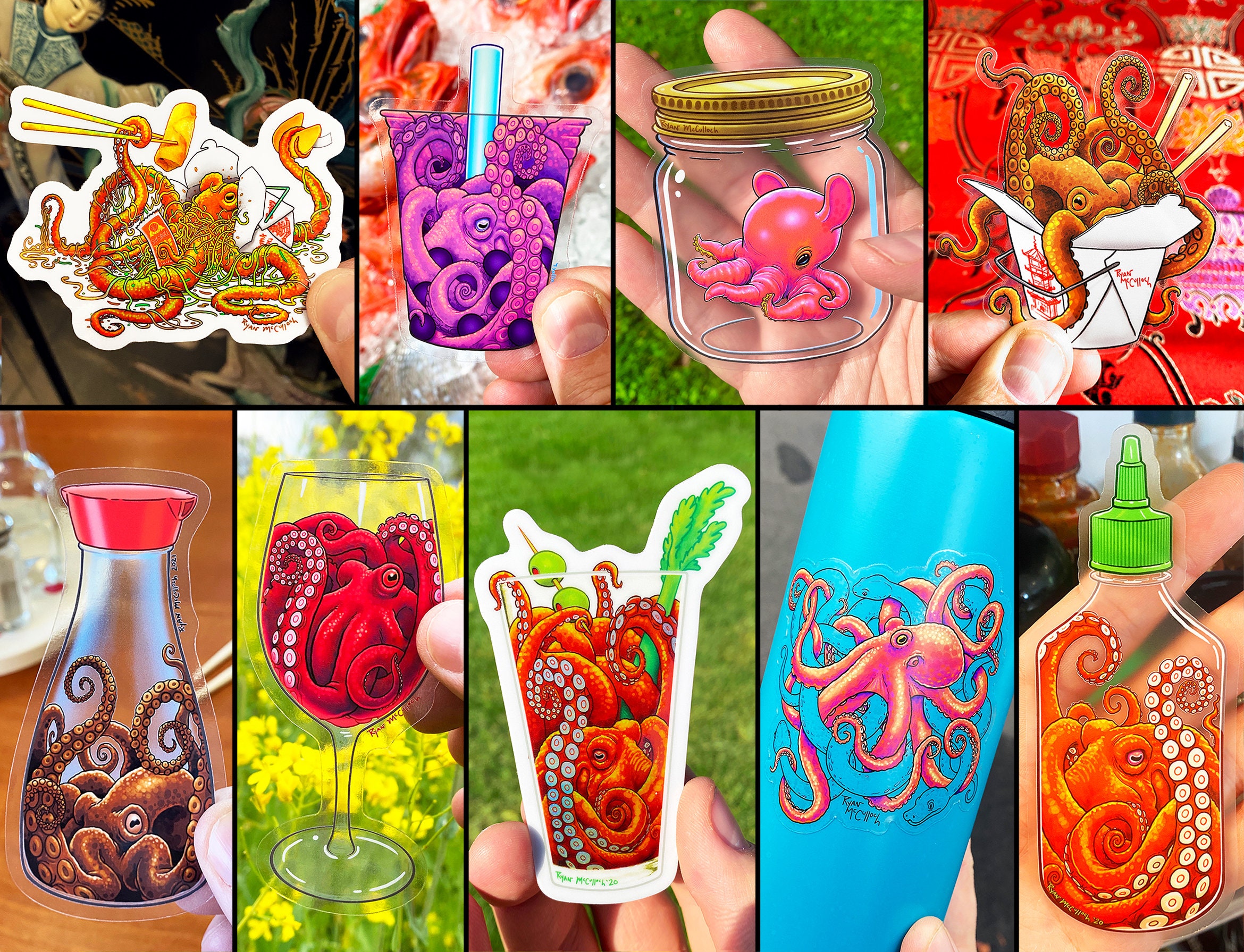 OCTOPUS LOVERS Sticker Pack: 9 Holographic & Transparent Stickers, Humorous Octopi as food, wine, soy sauce, sriracha, boba, bloody mary art