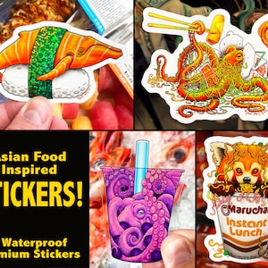 Asian Food Animals Sticker Pack of 4: Glitter, Transparent & Holographic Stickers, Red Panda Ramen Cup Of Noodles, Sushi Whale, Boba Octopus