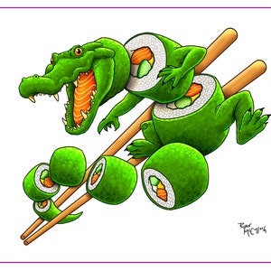 Signed Art Print: Gator Roll Alligator Sushi, Surreal Art, Funny modern painting for unique home decor chopsticks, sashimi, alligator art image 2