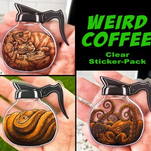 WEIRD COFFEE Sticker-Pack! Transparent Stickers! Octopus, Snake and Reptile Stickers! Dishwasher Safe, Waterproof Decals! Morning Coffee Pot