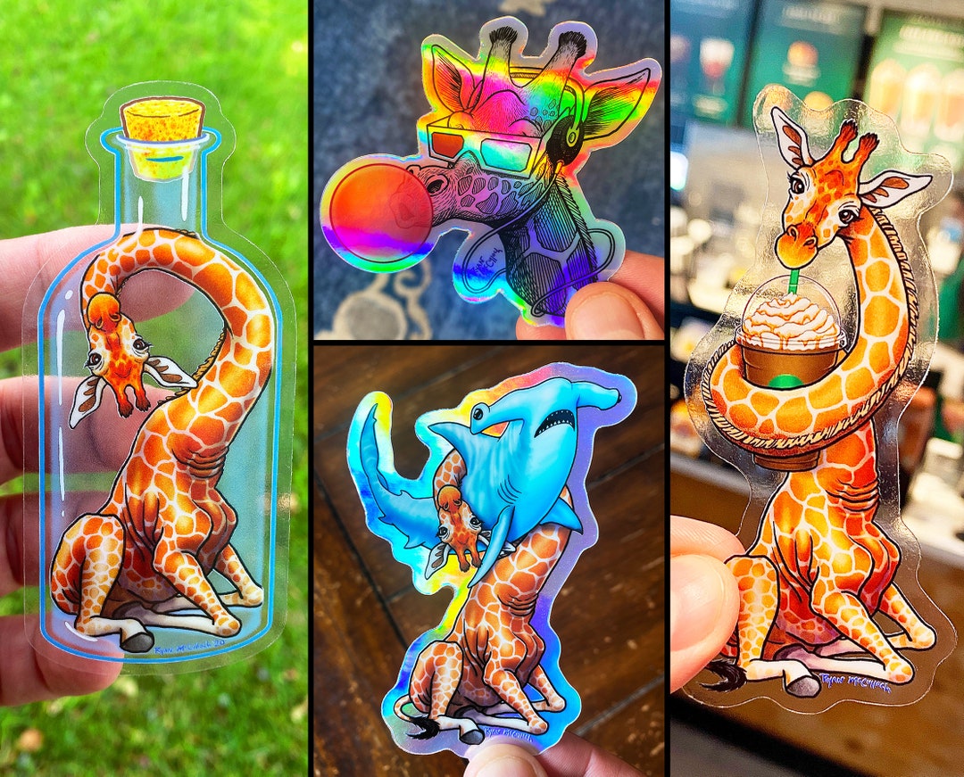 GIRAFFE STICKER PACK of 4 Holographic & Clear Stickers Cute Giraffe