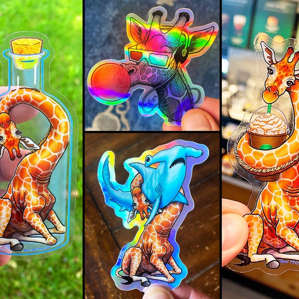 GIRAFFE STICKER PACK of 4 Holographic & Clear Stickers! Cute Giraffe Crooked Neck, Frappuccino, Giraffe vs. Hammerhead Shark, Car Stickers