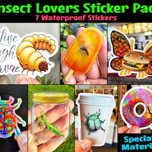May include: A set of seven waterproof stickers featuring various insect designs. The stickers include a grub, a butterfly, a beetle, a praying mantis, a fly in a popsicle, a beetle in a coffee cup, and a beetle on a donut. The stickers are printed on high-quality, specialty materials.